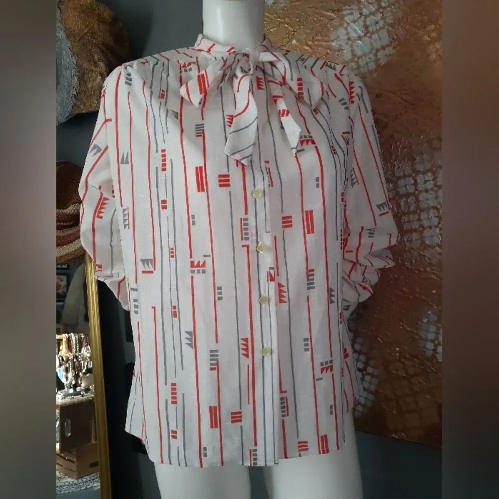 Vintage Abstract Geometric Print White Blouse with Red and Gray Stripes